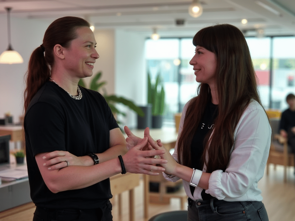 Två personer står mitt emot varandra på ett väl upplyst kontor, ler och håller varandra i hand, iklädd avslappnad klädsel.
