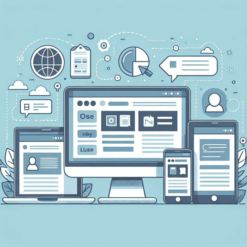 Illustration av en datorskärm, surfplatta, bärbar dator och smartphone som visar webbsidor. Omgiven av ikoner av en jordglob, chattbubbla och datadiagram på en blå bakgrund, framhäver denna design UX-aspekterna av en användarvänlig webbplats skapad med WordPress.