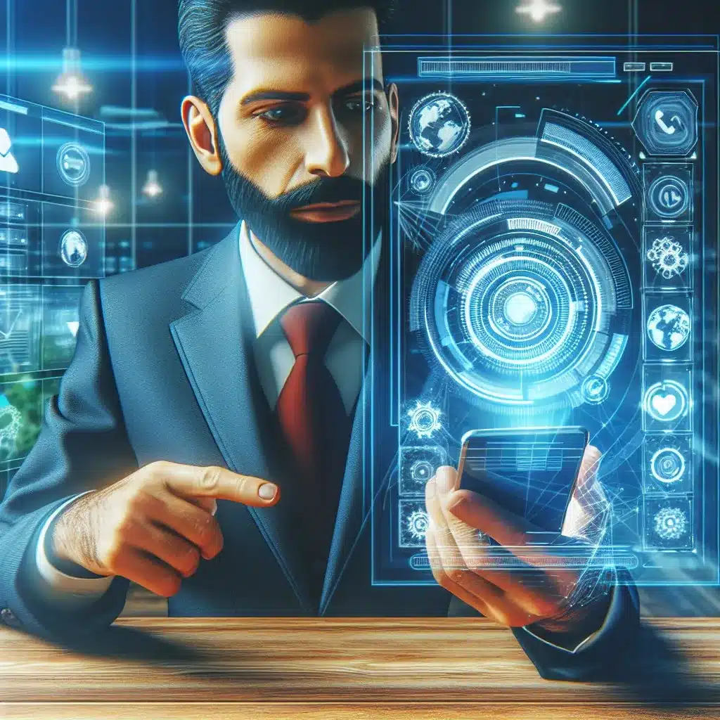 En man i kostym interagerar med en smartphone, omgiven av digitala holografiska gränssnitt som visar olika ikoner och data.