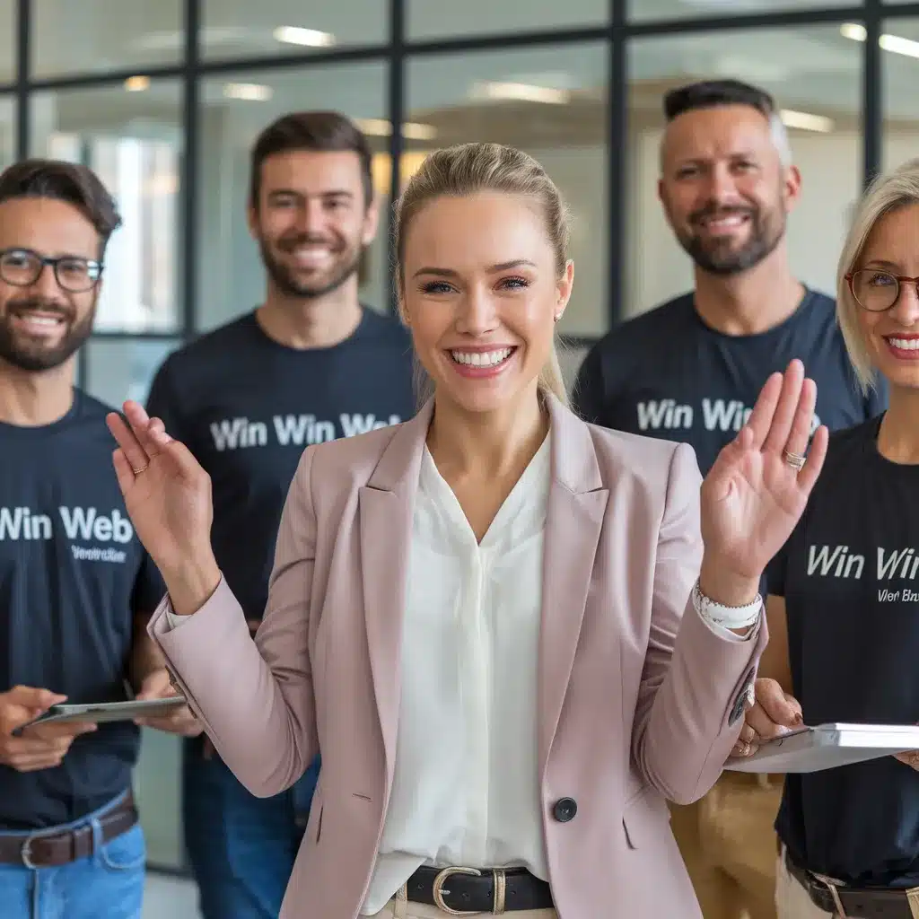 En leende grupp människor på ett kontor som stolt bär "Win With Web"-skjortor. Kvinnan framför räcker upp händerna medan andra håller surfplattor, vilket visar upp sin entusiasm för hanterade WordPress-lösningar.