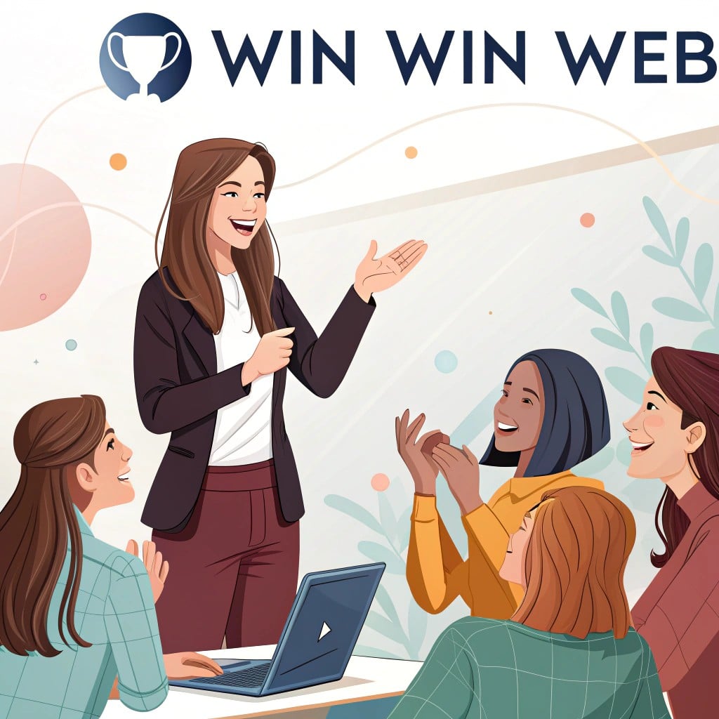Illustration av en kvinna som presenterar för en mångsidig grupp runt ett bord med en bärbar dator som visar "Win Win Web" när de diskuterar hur man skapar innehåll för sin webbplats.