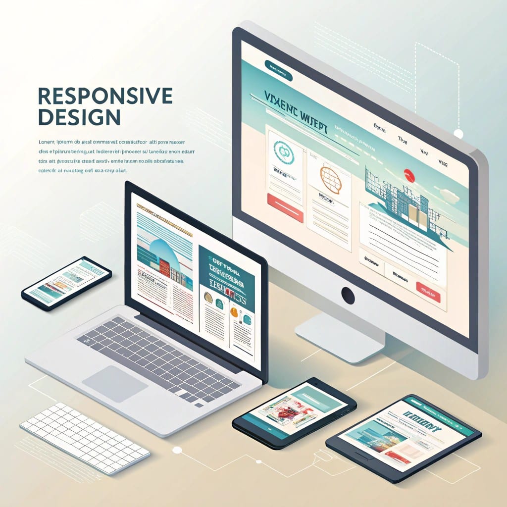En digital illustration visar responsiv design, som lyfter fram en konsekvent onlinenärvaro över enheter – stationära, bärbara, surfplattor och smartphones – som visar hur företag kan öka kunderna genom att upprätthålla liknande webbsidainnehåll.