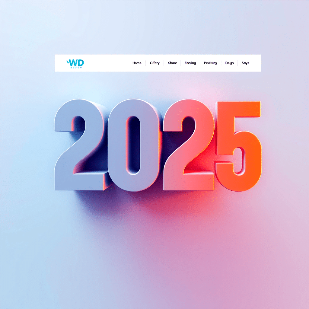 Djärva 3D-siffror "2025" med en gradienteffekt från blått till rött, placerat under en webbplatsnavigeringsmeny på en gradientbakgrund.