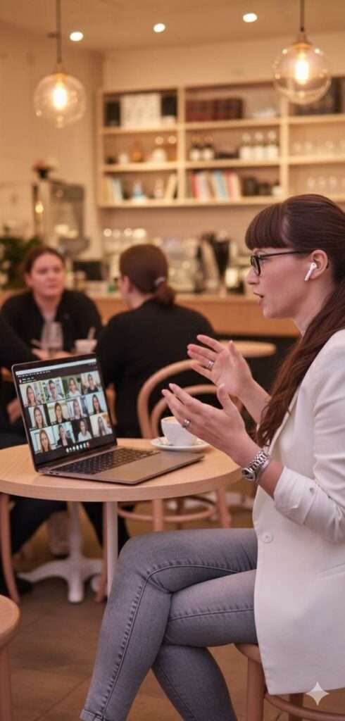 En kvinna med glasögon och hörlurar sitter vid ett cafébord och gestikulerar medan hon pratar i ett videosamtal som visas på hennes bärbara dator. Två personer samtalar i bakgrunden; hyllor och lampor syns bakom dem. winwinweb