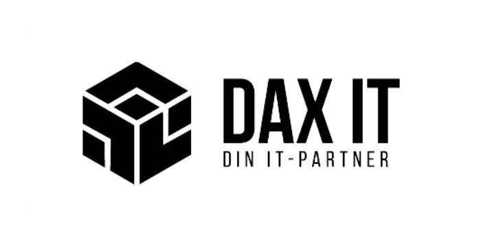 Logotyp för DAX IT med en svart geometrisk kub till vänster och texten DAX IT i feta versaler till höger, med DIN IT-PARTNER skrivet nedanför i mindre versaler - ett modernt utseende som återspeglar vår "om oss"-vision. winwinweb