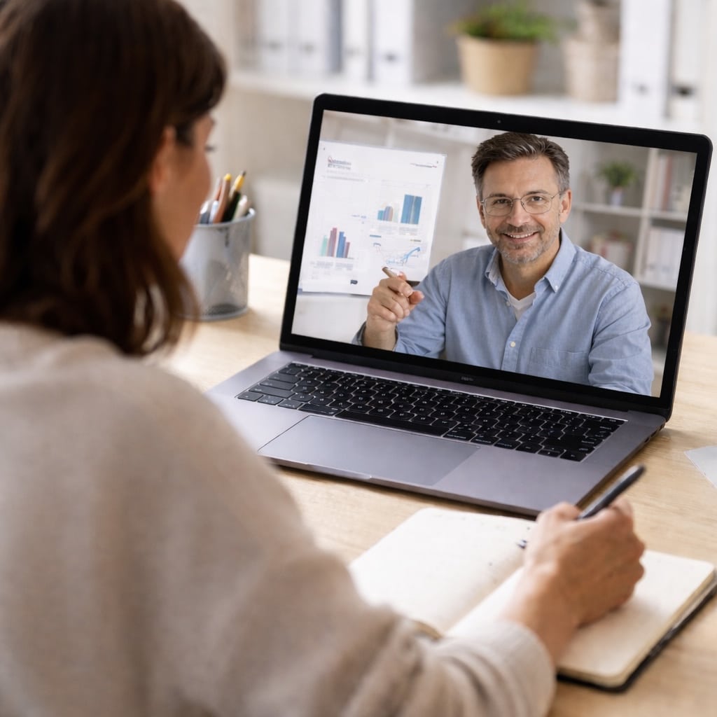 En kvinna antecknar under ett videosamtal med en man som presenterar diagram - en affärsdiskussion online där de utforskar lösningar som timbank webbutveckling och klippkort webb, vilket gör henne till den perfekta webbpartnern för alla projekt. winwinweb