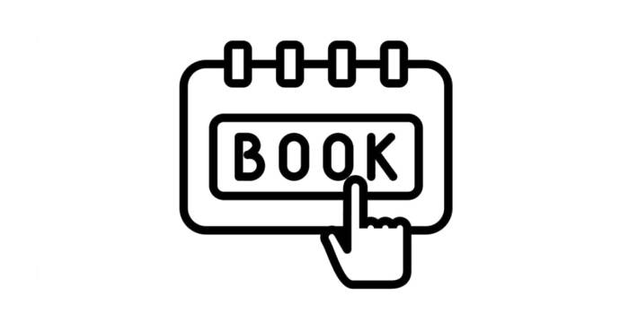 Svartvit ikon av en kalender med spiralringar, ordet BOOK i mitten och en handpekare som pekar på den - idealisk för webbpartner som erbjuder WordPress-support eller hjälp med hemsida för smidig onlinebokning. winwinweb