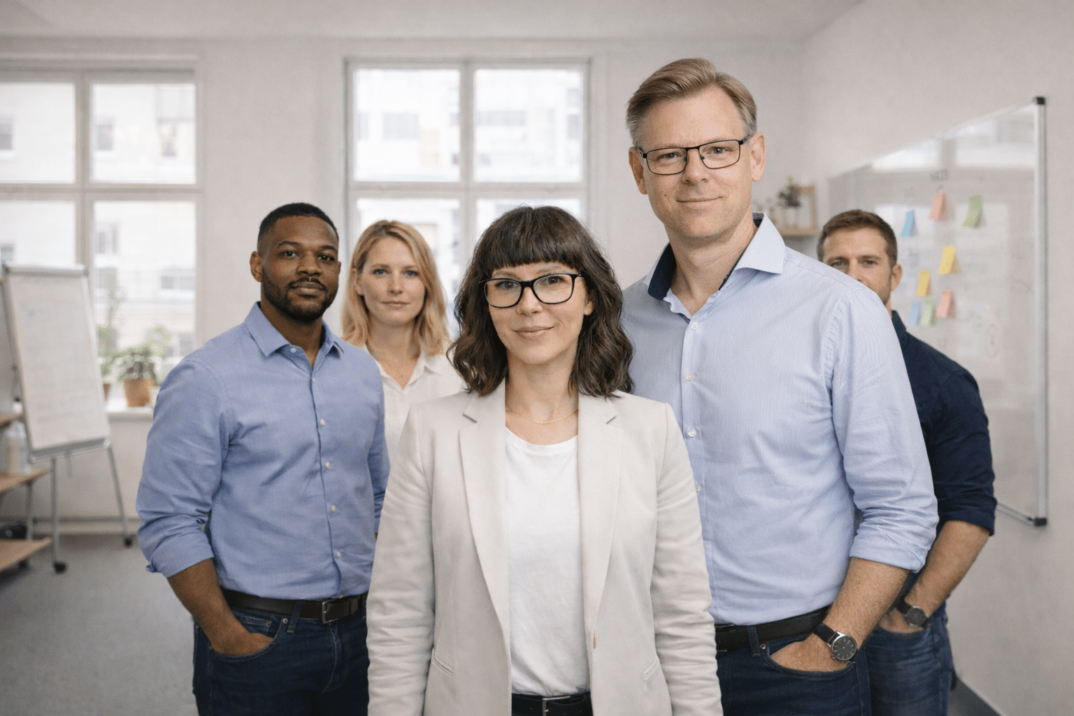 Fem yrkesverksamma personer, tre män och två kvinnor, står tillsammans i ett modernt kontorsutrymme med stora fönster och en whiteboard i bakgrunden och förkroppsligar den anda av lagarbete som beskrivs på vår "om oss"-sida. winwinweb