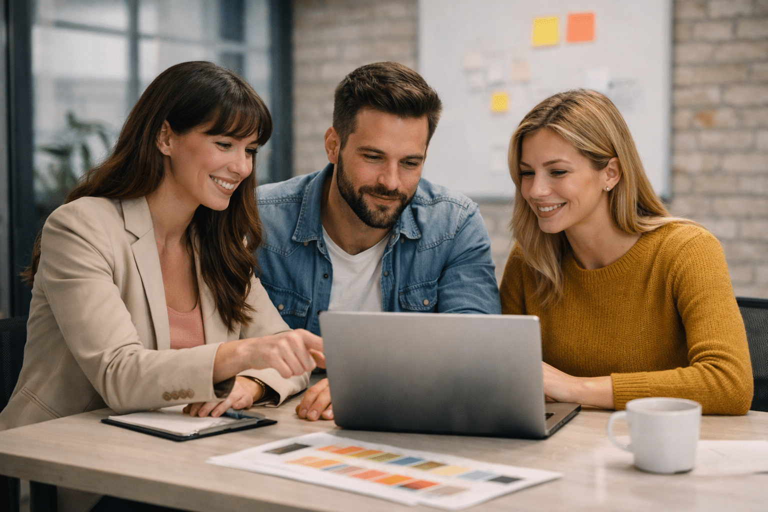 Tre personer sitter vid ett bord, ler och tittar tillsammans på en laptopskärm. En kvinna pekar på skärmen medan en annan håller i en surfplatta. En färgkarta och en kaffekopp står på bordet. winwinweb