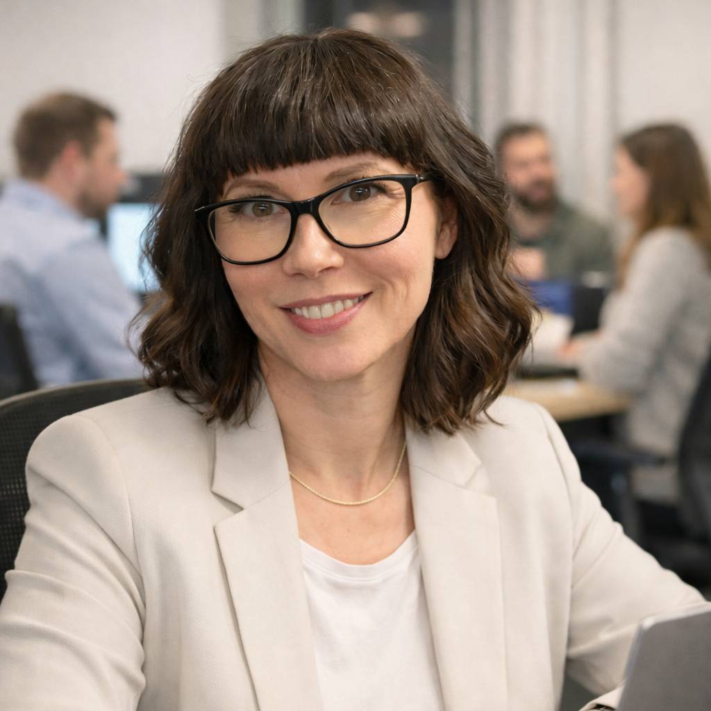 En kvinna med axellångt brunt hår, glasögon och en ljus kavaj ler mot kameran i en kontorsmiljö. Tre kollegor pratar i den suddiga bakgrunden. winwinweb