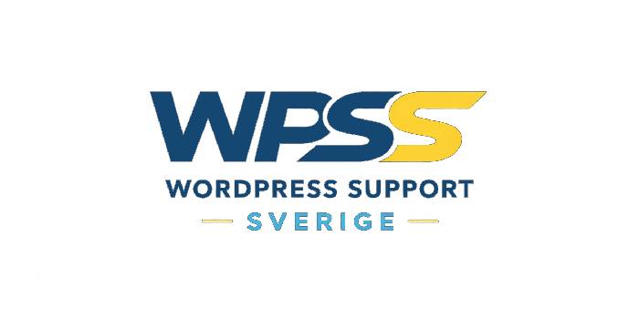 Logotyp för WPSS (WordPress Support Sverige) med fet blå och gul text. WPSS visas ovanför WordPress Support och Sverige i blått och gult på en vit bakgrund. winwinweb